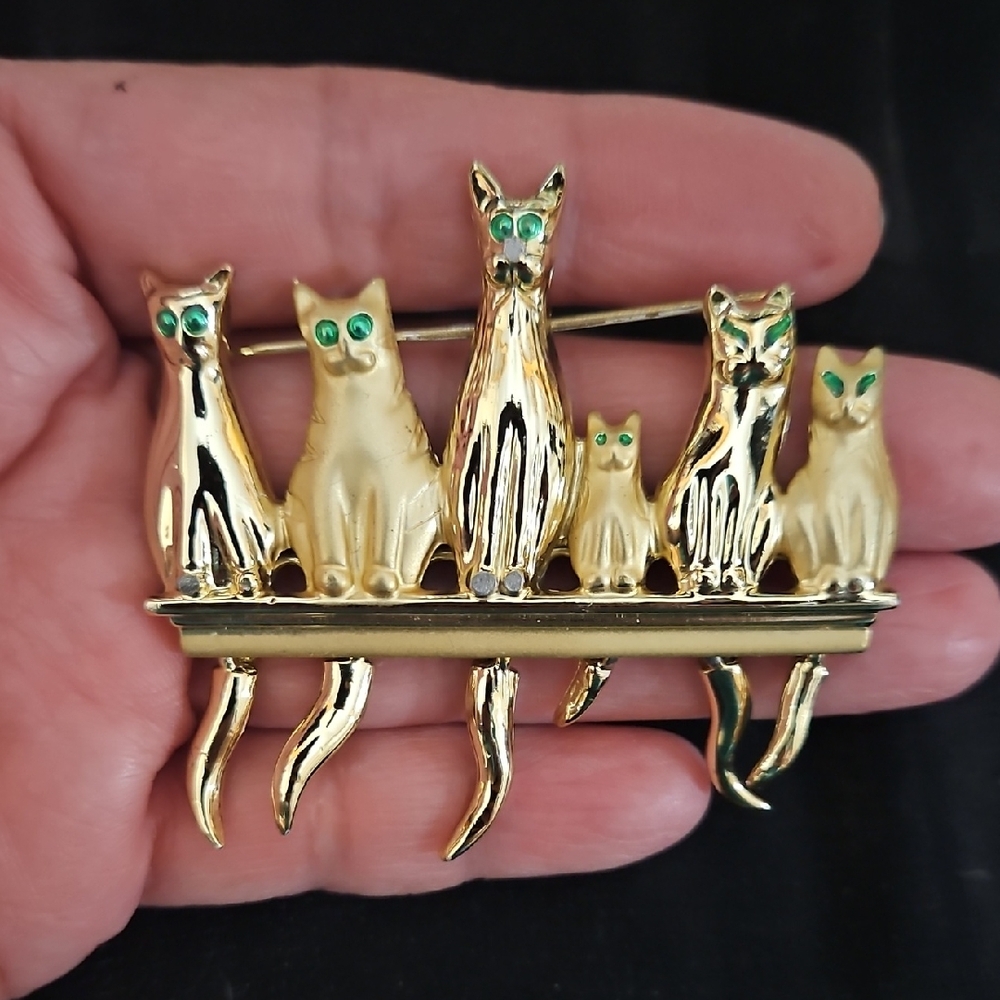 Gold Cat Brooch with Green Accents